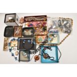 A BOX OF ASSORTED COSTUME JEWELLERY, WATCHES AND OTHER ITEMS, to include three hallmarked silver fob