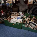 FIVE BOXES AND LOOSE ORNAMENTS, DINNERWARES, SCALES, BOOK ENDS ETC to include a box of blue and