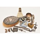 A SMALL ASSORTMENT OF SILVER AND WHITE METAL ITEMS, to include a silver embossed hair brush