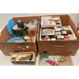 TWO BOXES OF ASSORTED COSTUME JEWELLERY AND ITEMS, to include a large quantity of costume
