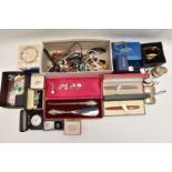 A BOX OF ASSORTED SILVER AND ITEMS, to include three silver napkin rings, two pairs of hallmarked