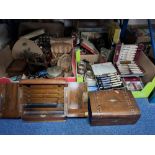 FIVE BOXES AND LOOSE OF GENERAL HOUSEHOLD ITEMS to include a walnut veneered stationery box (a/f), a