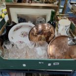 ONE BOX AND LOOSE METALWARE, GLASSWARE, AND PICTURES to include a gilt brass carriage clock by Gluck