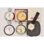 TWO STOP WATCHES, TWO POCKET WATCHES AND A WRISTWATCH, to include a 'Heuer' stop watch, a 'Smiths'
