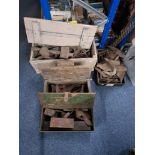 FOUR CONTINERS OF VINTAGE TOOLS AND SHOE RELATED ITEMS including woodworking planes, shoe lasts,