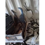 A TRAY CONTAINING VINTAGE BRITISH MOTORCYCLE PARTS, including two handlebars with some controls,
