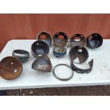A COLLECTION OF VINTAGE BRITISH MOTORCYCLE HEADLAMP BOWLS, including Lucas, King of the Road, etc