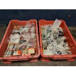 TWO TRAYS CONTAINING VINTAGE BRITISH MOTORCYCLE PARTS some modern replacements and some original