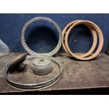 FIVE VINTAGE MOTORCYCLE SPOKED WHEEL RIMS AND TWO HUBS (no bearings) comprising a pair of Dunlop