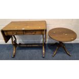 A REPRODUCTION YEW WOOD DROP LEAF SOFA TABLE, with two frieze drawers and two dummy drawers,
