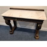 AN OAK FRAMED MARBLE TOP CONSOLE TABLE, with a ledge back, repeating carved details, raised on