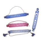 FOUR 19TH CENTURY COLOURED NAILSEA GLASS ROLLING PINS