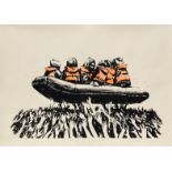 Banksy,  British b. 1974-  Migrants in a Boat, 2025;  screenprint in colours on cream paper,  p...