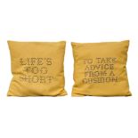 Banksy,  British, b.1974-  Life's too Short, and To take advice from a cushion, 2019;  2 cushio...