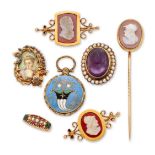 A small group of jewellery, comprising: a 15ct gold garnet-and-glass doublet and half-pearl ring,...