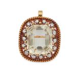 A citrine and diamond brooch/pendant, the octagonal step-cut citrine in bead-claw collet, to surr...