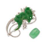 A jadeite jade and diamond brooch, composed of an engraved jadeite jade plaque, with a single-cut...