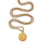 A sovereign coin suspended from a 9ct gold guard chain, the Victoria sovereign dated 1887, with s...