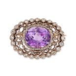 A 19th century amethyst and diamond brooch, the cushion-cut amethyst within a rose-cut diamond se...