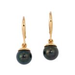 Garrard. A pair of 18ct gold cultured pearl drop earrings, designed as a cultured pearl, approxim...