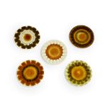Alan Wallwork (1931-2019) for H&R Johnson Ltd  Five circular tiles with varying decoration, circ...