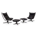Sigurd Ressel (1920-2010)  Pair of Falcon lounge chairs and ottomans, circa 1980  Stained beec...