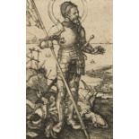 After Albrecht Dürer,  German 1471-1528-  Saint George Standing;  engraving on laid paper, 11.3...