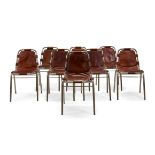 A set of eight leather and chromed metal 'Les Arcs' style dining chairs, second half 20th century...