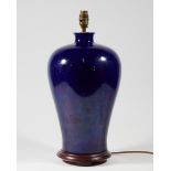 A Chinese blue glazed porcelain vase converted to a lamp base, 20th century, of baluster form wit...
