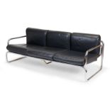 A chromed steel and leather upholstered 'T' range three seat sofa, circa 1965, designed by Rodney...