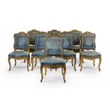 A set of eight French velvet-upholstered giltwood side chairs, of Louis XV style, second half 20t...