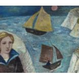Gwyneth Johnstone,  British 1915-2010 -  Woman by the sea;  oil on board, signed with initials ...