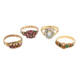 A group of four Victorian gold gem-set rings, comprising: a Victorian 12ct gold garnet and green ...