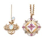 Two Edwardian gem-set openwork pendants, comprising: a 9ct gold garnet and seed pearl scroll and ...