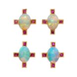 Two pairs of opal and ruby earrings, each set with an oval opal cabochon, with square-cut ruby ca...