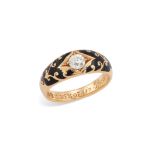 A Victorian 18ct gold diamond and enamel mourning ring, set with an old-cut diamond, to a scrolle...