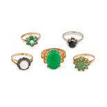 A group of gem-set rings, comprising: a 9ct gold emerald cluster ring, London hallmarks, 1973, ri...