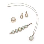 An opal and white sapphire suite, comprising: a 9ct gold opal and white sapphire cluster ring, ha...