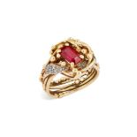 A ruby and diamond ring, attributed to Ingeborg Bratman, set with a rectangular-cut ruby, with si...