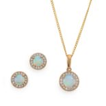 An opal and diamond earring and necklace set, the 9ct gold earrings composed of an opal cabochon ...