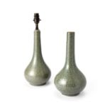A pair of Chinese crackled glazed bottle vases, mounted as lamps 20th century  Each with long n...