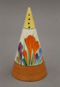A Clarice Cliff Bizarre crocus pattern conical sugar sifter. 14.5 cm high.