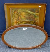 A quantity of pictures, photographs and an oval mirror. The latter 67.5 cm wide.