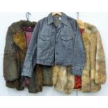 A vintage French Connection ladies' leather jacket, size small and two vintage fur coats.