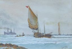 M MITCHELL, 'Fishing Boats at Sea', watercolour, signed and dated 1917, framed and glazed. 17.