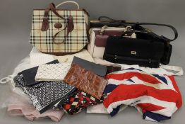 A quantity of various vintage handbags, linen, a Union flag etc. The latter 41 x 85 cm.