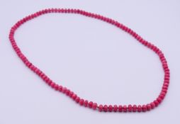 A string of pink tourmaline beads. 78 cm long.