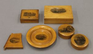 A small quantity of mauchlineware items. The largest box 11 cm wide.