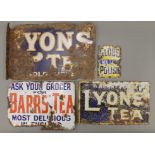 Four original enamel advertising signs for Globe Metal Polish, Barr's Tea and two for Lyons Tea.
