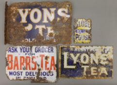 Four original enamel advertising signs for Globe Metal Polish, Barr's Tea and two for Lyons Tea.